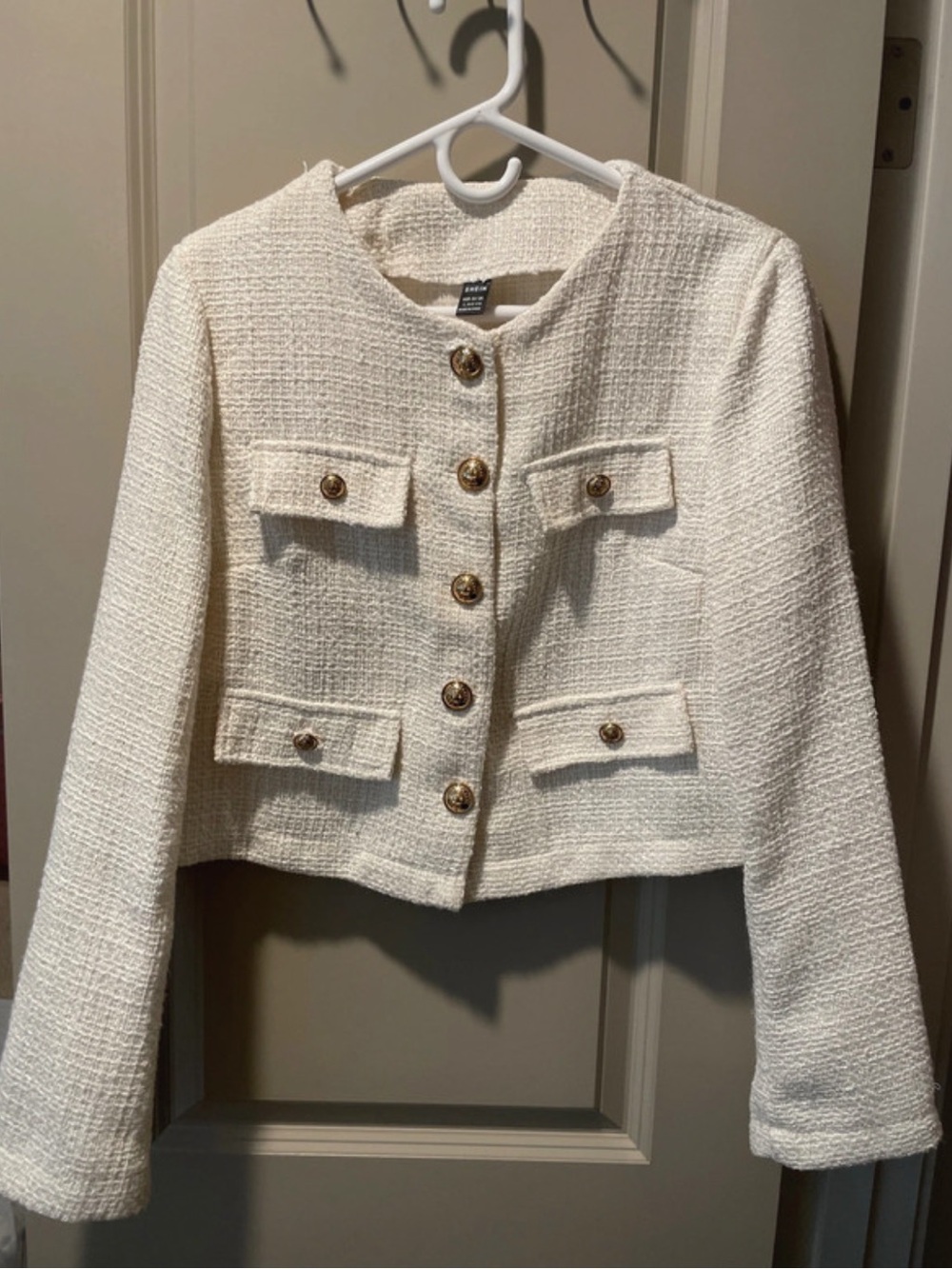 SHEIN Cream Textured Tweed Cropped Blazer with Gold Buttons